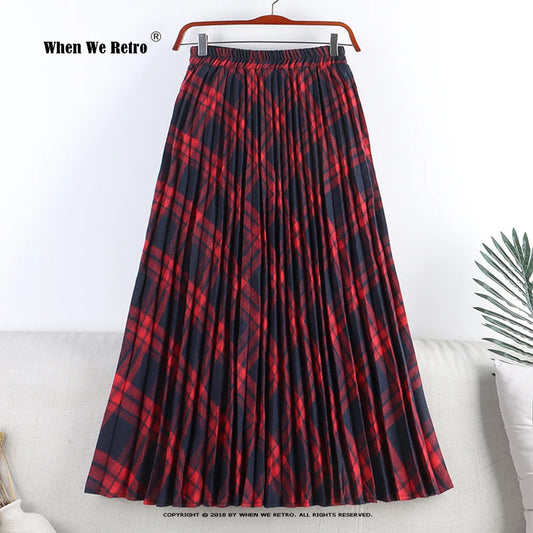 2022 New Autumn Cotton Long Skirt Vintage Plaid Pleated Skirts Women High Waist Preppy Midi Skirts SS0038