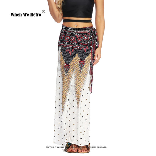 Indonesian Thai Style Ethnic Casual Skirt VD2882 Printed Long Boho Holiday Beach Sexy Lace Up Wrap Skirt