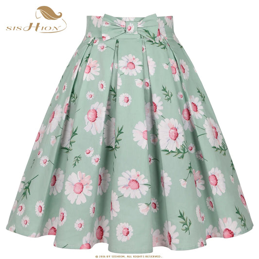 SISHION Light Green Floral Printed Cotton Pleated Skirt with Bow SS0012 Women Clothing Daisy Summer Skirt Harajuku