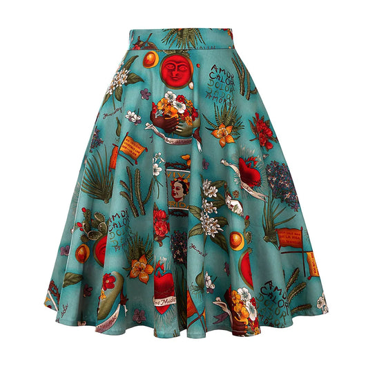 Summer Vintage A Line Swing Skirt Floral Print Sundress Pinup 50s 60s Cotton High Waist Midi Skirt Hepburn Retro Jupe VD0020